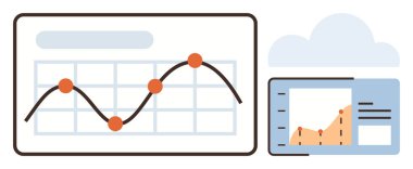 Çizilmiş noktalar, bir çizgi, daha küçük grafik ve entegre bulut elementi içeren grafikler. İş, analitik, istatistik, finans, teknoloji, eğitim veri trendleri için ideal. Basit düz metafor