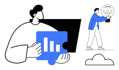 Bar tablosu olan bir yapboz parçası, fikirler için ampul taşıyan bir birey ve bir bulut sembolü. Takım çalışması, yenilik, beyin fırtınası, problem çözme, veri analizi, yaratıcılık için ideal