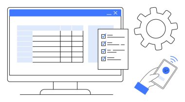 Bilgisayarda bir hesap tablosu, işaretli kutular, ayarlar için teçhizat ve akıllı telefon onayı kullanan eller gösteriliyor. Görev yönetimi, iş akışı, üretkenlik, veri işleme, mobil için ideal