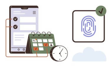 Kontrol listesi, takvim, saat, parmak izi simgesi olan bir tablet. Dijital güvenlik, zaman planlama, zamanlama, biyometrik doğrulama verimlilik görev yönetimi bulut sistemleri için idealdir. Temiz