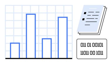 Veri karşılaştırması ızgara vurgulama üzerine çubuk grafik, dijital verileri temsil eden ikili kod, raporları gösteren istiflenmiş belgeler. Analiz, istatistik, araştırma, kodlama, teknoloji ve raporlama için ideal