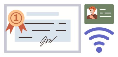 Kurdele ve imzalı sertifika, profilli kimlik kartı ve kablosuz sinyal simgesi. Eğitim, doğrulama, dijital öğrenme, kimlik ve başarı için idealdir. Basit düz