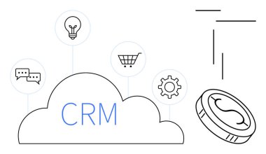 CRM etiketli bulut iletişim, fikir, alışveriş ve otomasyon simgeleri ile çevrilidir. Para maddi faydaları sembolize eder. İş araçları, işbirliği, pazarlama ve teknoloji için ideal