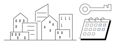 Kilit bir sembol ve spiral takvimin yanındaki modern binalar kümesi. Emlak, emlak planlaması, kiralama, kiralama, konut, kentsel kalkınma için ideal, basit düz metafor