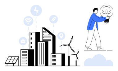 Şehir manzarası yakınında bitki taşıyan kişi rüzgar türbinleri, güneş panelleri ve çevre dostu ikonlar sergiliyor. Sürdürülebilirlik, yenilik, kentsel planlama, yenilenebilir enerji için ideal