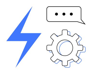 Mavi yıldırım, çark ve noktalı konuşma balonu. Enerji, otomasyon, takım çalışması, yenilik ve yaratıcılık iletişimi için ideal. Basit düz metafor