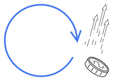 Yuvarlak hareketli mavi ok yukarı doğru oklu bozuk paranın yanında. Yatırım, büyüme, sürdürülebilirlik, kâr, ticaret, ekonomi ve finans için ideal. Basit bir düz metafor.