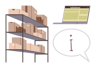 Paketli kutuları olan metal raf, web sitesi düzenli dijital ekran ve bilgi baloncuğu. E-ticaret, lojistik, hisse takibi, çevrimiçi destek, envanter kontrolü, dağıtım süreci için ideal