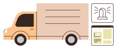 Acil durum uyarı simgesi ve lojistik, nakliye, uyarı ve e-belge yönetimi ile birlikte teslimat kamyonu. Lojistik, ulaşım, güvenlik ve iletişim için ideal