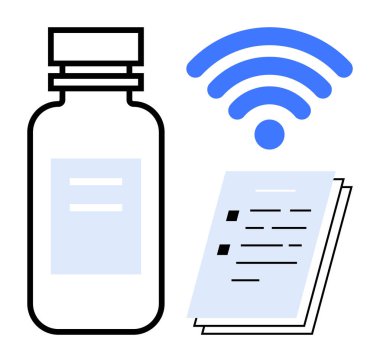 İlaç şişesi, kablosuz sinyal simgesi ve kontrol listesi kağıdı, basit bir dairede dijital sağlık hizmetleri, IoT, uzaktan izleme, e-reçeteler, akıllı cihazlar, veri paylaşımı ve sağlık teknolojisini simgeler.