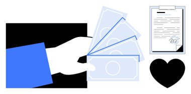 Nakit para teklif etmek, imzalı belge ve hayır kurumunu temsil eden kalp, finansal yardım ve bağış toplama. Bağışlar için ideal, kar amacı gütmeyen, gönüllülük, hayırseverlik sosyal sorumluluk.