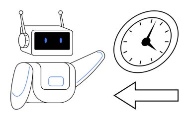 Robot, bitişikteki oku sola çevirerek saate doğru hareket ediyor. Otomasyon için ideal, zaman tasarrufu, programlama, yapay zeka teknolojisi, iş akışı optimizasyonu, gelecek planlama, basit düz metafor