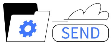 Yapılandırma ve dosya yönetimini temsil eden bir ayarlı dizin, veri transferini simgeleyen bulut grafikli bir gönderme düğmesinin yanına yerleştirildi. Depolama, organizasyon, paylaşma ve yükleme için ideal