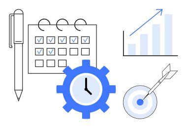 İşaretli görevleri olan düzenli takvim, zaman yönetimi için kalem, saat donanımı, dartlı hedef, yükselen grafik. Planlama, üretkenlik, zaman yönetimi, hedef belirleme stratejisi büyümesi için ideal
