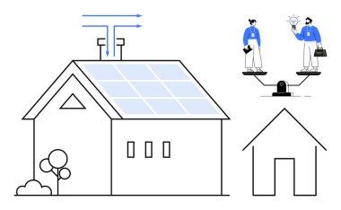 Güneş panelleri, ağaçlar, hava akışı okları olan sürdürülebilir bir ev. Enerji verimliliğini tartışan ölçekteki profesyoneller. Sürdürülebilirlik, yenilenebilir enerji, takım çalışması, karar verme, eko-yaşam için ideal