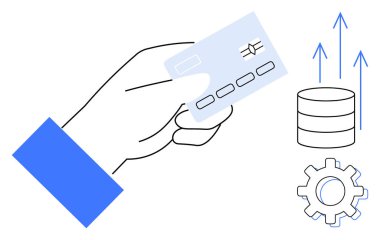 Kredi kartı, dişli ve veritabanında yükselen oklar finans, veri, büyüme, teknoloji, yenilik, dijital dönüşüm ve nakitsiz ekonomiyi sembolize ediyor. Fintech bankacılık için ideal