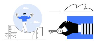 Şehir manzarasındaki kavisli platformda vitesleri dengeler, çoklu görev ve yeniliği sembolize eder. Komşu, anahtarı tutan, erişimi ve çözümleri vurgulayan bir el. Başarı ve takım çalışması için ideal