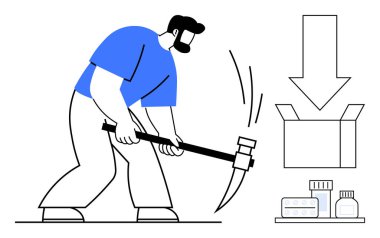 Kazmayla saldıran bir adam, aşağıya doğru ok atan bir kutu ilaçları işaret ediyor. Emek, lojistik, teslimat, ambalaj, sağlık hizmetleri, envanter yönetimi için ideal. Basit düz metafor