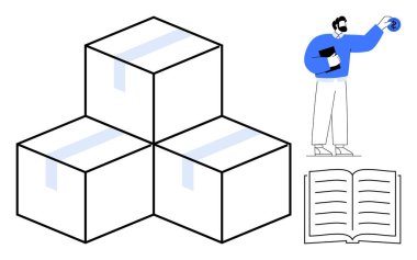 Üç kargo kutusu yığını, bir defter ve disk tutan kişi, aşağıda açık bir kitap var. Lojistik, nakliye, organizasyon, belgeler, eğitim, depolama için ideal basit düz metafor