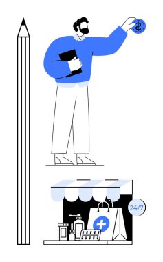 Eczane standının yanında ilaç, kese kağıdı ve 247 işareti olan bir adam var. Sağlık, eczane, tıbbi hizmet, çevrimiçi alışveriş, iş, perakende sade daire için ideal