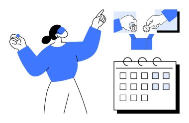 Hedefleri gösteren bir kadın, bozuk paraların bir kutuya aktarılması, aylık takvim planlaması. Bağış yönetimi, takım çalışması, hedef belirleme, finansal planlama, zaman yönetimi, üretkenlik için ideal basit