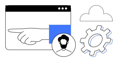 Kullanıcı avatarının yanında bulut ve dişli simgesini gösteren bir tarayıcı penceresinden uzanan el. Takım çalışması, kullanıcı yönetimi, işlemler, liderlik, otomasyon, bulut teknolojisi, basit düz