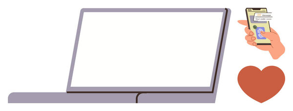 Чистый экран ноутбука, рука со смартфоном с текстовыми сообщениями и значком сердца. Идеально подходит для технологий, общения, удаленной работы, социальных связей, цифровых отношений, простых приложений.
