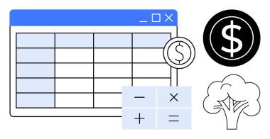 Veri şebekesi, dolar para simgesi, hesap makinesi, ağaç grafiği olan hesap tablosu. Finans, bütçe, muhasebe, çevre dostu veri analizleri için idealdir. Basit düz metafor