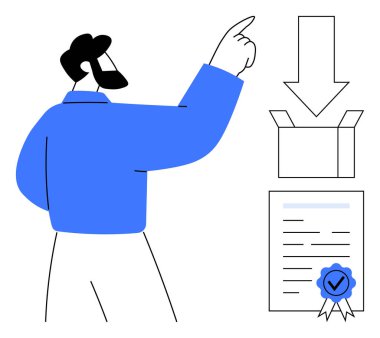 Pakette jestler, aşağı doğru ok transferi gösterir, mühürlü sertifika geçerliliği temsil eder. Lojistik, dağıtım, onay süreci, sertifika, onaylama, e-ticaret için ideal