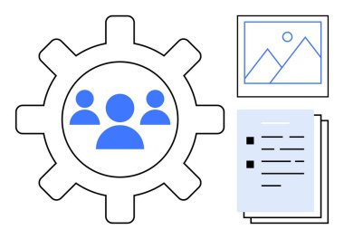 Takım çalışmasını ve işbirliğini temsil eden üç kullanıcı simgesi. Bitişik unsurlar arasında bir yığın belge ve verimliliği, yönetimi ve organizasyonu sembolize eden bir resim çerçevesi yer almaktadır.