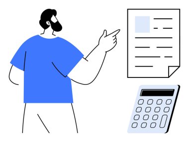 Hesap makinesinin yanındaki bir belgeyi işaret eden adam finansal analizi vurguluyor. Bütçe planlaması, muhasebe, finans yönetimi, vergi dosyalama, denetleme, eğitim için ideal