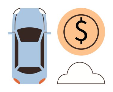 Mavi araba manzaralı, dolar işareti olan turuncu sikke, basit bulut çizgisi. Otomobil finansmanı, sigorta, krediler, teknoloji, bulut hizmeti ekonomisi hareketlilik kavramları için idealdir. Basit düz metafor