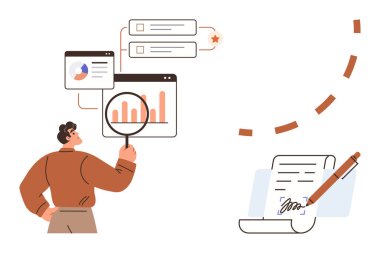 Grafikleri, çizelgeleri ve belgeleri büyüteç ve kalemle inceleyen kişi. Analiz, araştırma, planlama, iş görüşleri, proje yönetimi değerlendirmesi ve sözleşmeler için ideal. Basit bir daire.