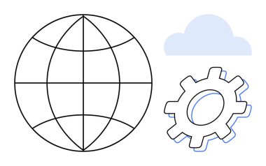Enlem ve boylam çizgileri, teçhizatı ve bulut elementi olan dünya. Ağ oluşturma, teknoloji, bulut hesaplama, küreselleşme, sistem entegrasyonu bağlantıları için idealdir. Basit düz metafor