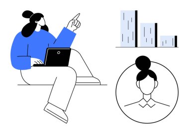 Dizüstü bilgisayarda çalışan oturaklı bir kadın, yakınlardaki bar grafiksel profil ikonuna doğru hareket ediyor. Analiz, teknoloji, kariyer, takım çalışması, iletişim, veri görselleştirme, modern çalışma alanı için ideal -