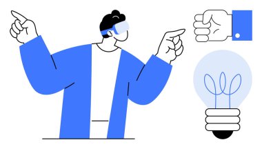 İki yöne bakan VR kulaklık takan bir adam, bir el hareketi ve yaratıcılığı simgeleyen bir ampul. Teknoloji, yenilik, yaratıcılık, beyin fırtınası, liderlik, sanal gerçeklik için ideal