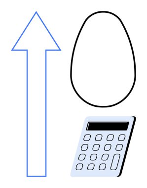 Yukarı ok, yumurta şekli ve hesap makinesi büyüme, tasarruf ve finansal planlamayı temsil eder. Yatırım, iş, strateji, ekonomi, başarı kariyeri için ideal basit düz metafor