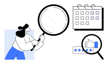 Elinde büyüteç tutan kadın takvimi denetliyor ve değerlendirmeleri baş parmağıyla ve 5 yıldızlı notla yapıyor. Planlama, araştırma, geri bildirim, zaman yönetimi, organizasyon, değerlendirme, verimlilik için ideal. Basit.