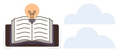 Parlayan ampulleri ve yüzen bulutları olan açık bir kitap öğrenmeyi, yaratıcılığı, hayal gücünü ve yeniliği önerir. Eğitim, bilgi, ilham, düşünce, beyin fırtınası için ideal