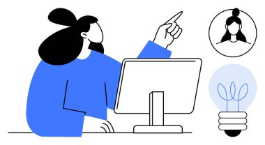 Masadaki kadın masaüstü ekranıyla etkileşimde, fikirlere işaret ediyor. Çemberdeki meslektaşımın portresi ve yakınlarda parlayan bir ampul. Takım çalışması, eğitim, yaratıcılık, çevrimiçi iletişim için ideal