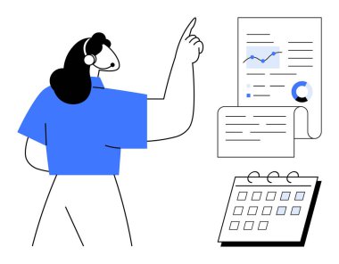 İş analizi raporuna işaret eden bir kadın, takvim eşliğinde çizelgeler, grafikler ve belgelerle birlikte. Proje yönetimi, analitik, planlama, üretkenlik ve performans zamanlaması için ideal