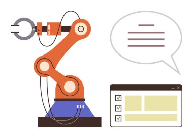 Robotik kol kontrol listesinin yanında görevler yerine getiriyor ve talimatlar için konuşma balonu oluşturuyor. Otomasyon, robot bilimi, teknoloji, yenilik, endüstri, mühendislik, yapay zeka için idealdir. Basit düz metafor