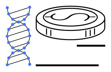 Yenilik, araştırma ve değer yaratmayı vurgulayan bir madeni paranın yanında DNA sarmalı. Bilim, teknoloji, biyoteknoloji, sağlık hizmetleri, finansal yenilik ve ilerleme temaları için idealdir. Temiz ve basit bir daire