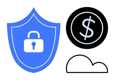 Asma kilitli mavi kalkan, siyah dolar işareti çemberi ve minimum bulut simgesi. Siber güvenlik, finans, bulut teknolojisi, şifreleme, çevrimiçi güvenlik, veri koruması için ideal basit düz metafor