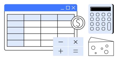 Satır, sütun, hesap makinesi, aritmetik işlem simgeleri ve bir peynir parçasına sahip hesap tablosu. Finans, bütçe, muhasebe, maliyet analizi, işletme yönetimi eğitimi için idealdir.