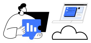 Businessperson sanal çalışma alanını gösteren bulmaca parçalarını bulut ve dizüstü bilgisayarın yanında tutuyor. Veri yönetimi, işbirliği, bulut hesaplama, analitik, takım çalışması, çevrimiçi araçlar için ideal