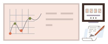 Veri noktaları, sayısal görüntü ve imzalı belge içeren çizgi grafiği. Finans, analitik, iş büyümesi, raporlama, strateji araştırmaları iş akışı için idealdir. Modern basit düz metafor