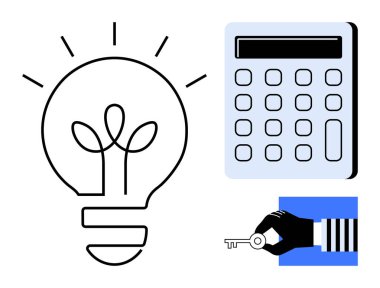İçinde filizlenen bitki olan ampul fikirleri sembolize eder, hesap makinesi finansal stratejiyi simgeler, ve el ele tutuşmanın anahtarı da potansiyeli temsil eder. Yenilik, büyüme, strateji ve başarı için ideal