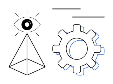 Mekanik teçhizatın yanında geometrik piramidin tepesindeki göz. Vizyon, yenilik, mühendislik, strateji, teknoloji, organizasyon, iş planlaması için ideal. Temiz, düz metafor