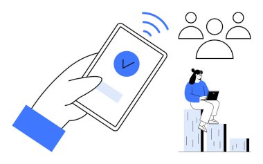 Onaylanmış işaretli akıllı telefon, grup simgeleri, yükselen çubuk grafiğinde birey. Takım çalışması, başarı, bağlantı, verimlilik, onay, işbirliği için ideal basit